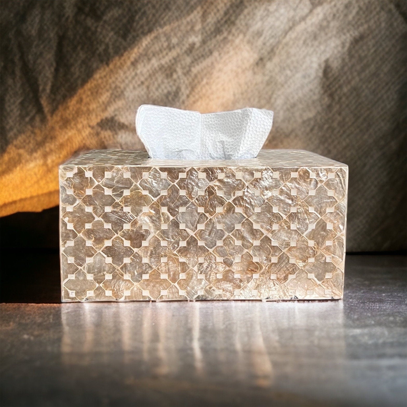 Mother of pearl rectangle tissue box holder in light gold colorPremiumWoodArt