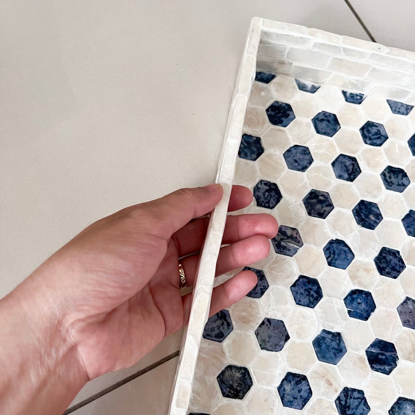 Mother pearl inlay rectangle tray with handle, breakfast serving decorative tray, black white hexagon coffee table tray, housewarming giftPremiumWoodArtSmall 35x25x4cm