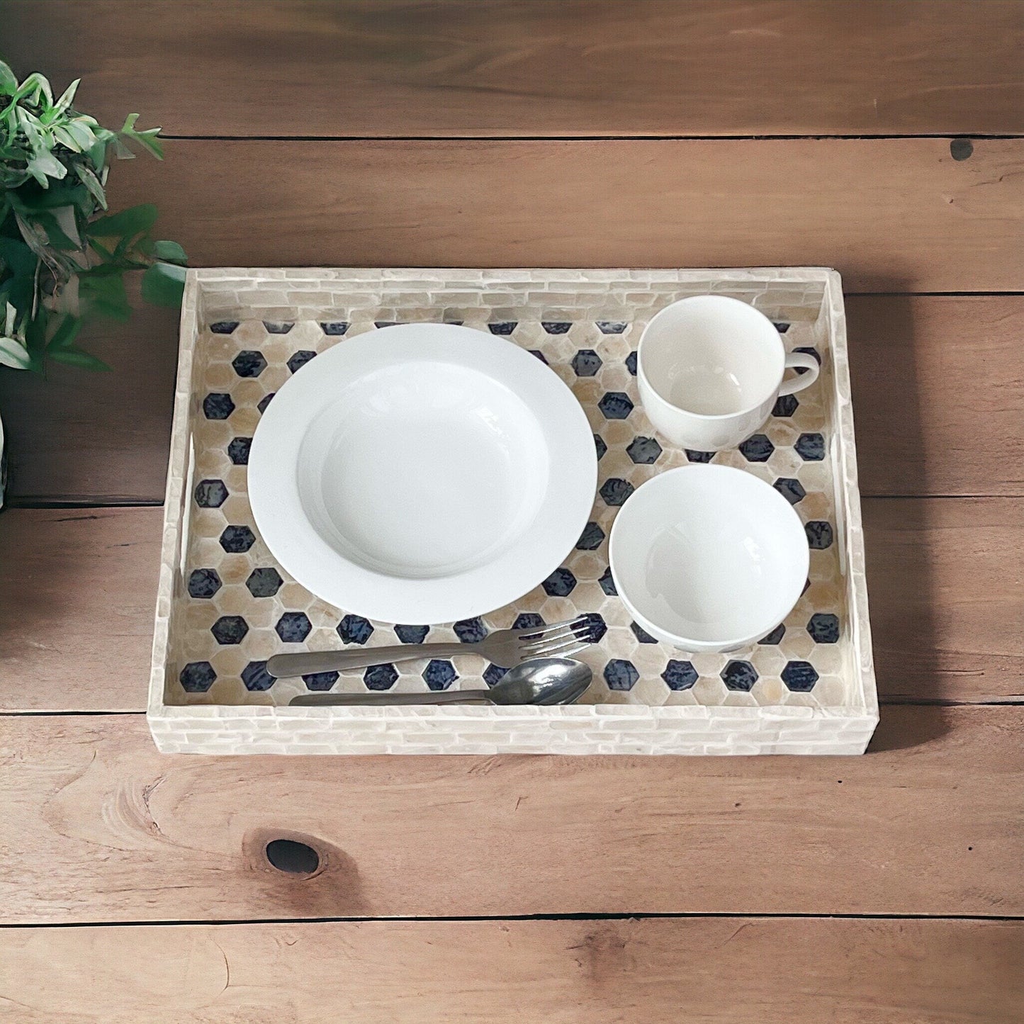 Mother pearl inlay rectangle tray with handle, breakfast serving decorative tray, black white hexagon coffee table tray, housewarming giftPremiumWoodArtSmall 35x25x4cm