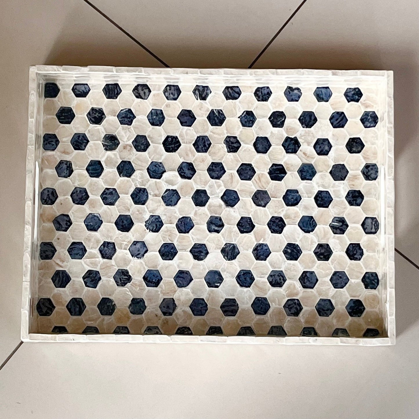 Mother pearl inlay rectangle tray with handle, breakfast serving decorative tray, black white hexagon coffee table tray, housewarming giftPremiumWoodArtSmall 35x25x4cm