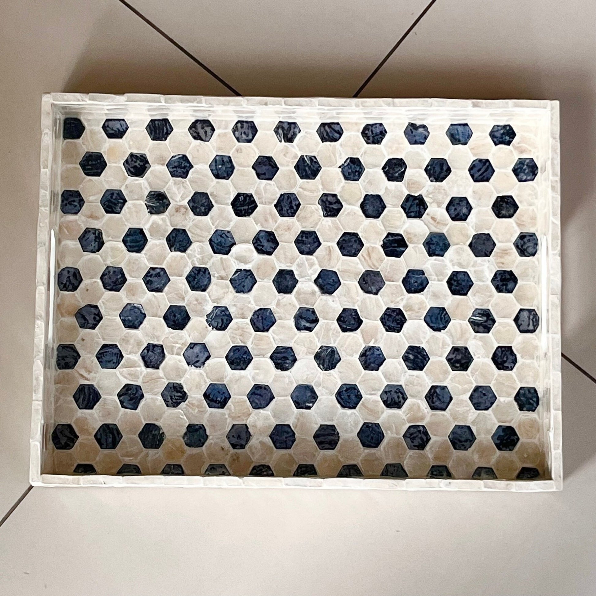 Mother pearl inlay rectangle tray with handle, breakfast serving decorative tray, black white hexagon coffee table tray, housewarming giftPremiumWoodArtSmall 35x25x4cm