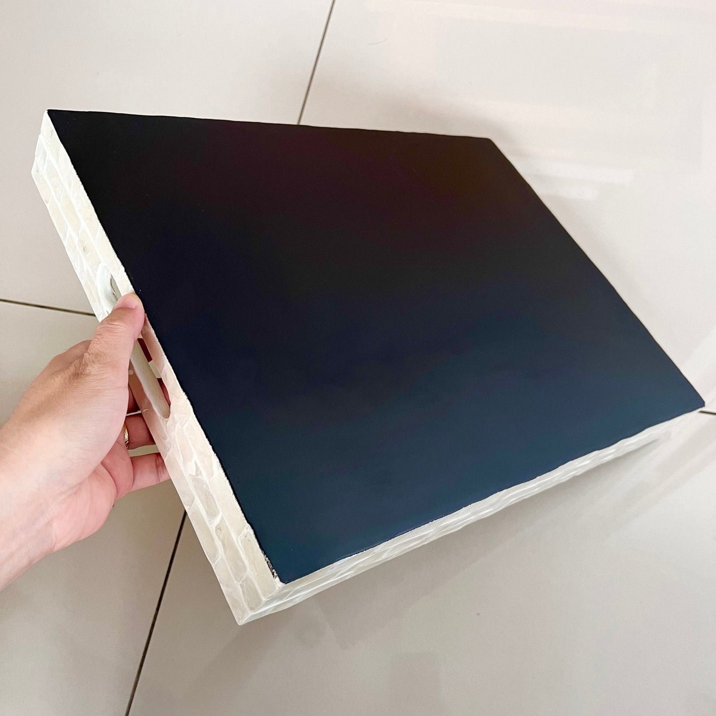 Mother pearl inlay rectangle tray with handle, breakfast serving decorative tray, black white hexagon coffee table tray, housewarming giftPremiumWoodArtSmall 35x25x4cm