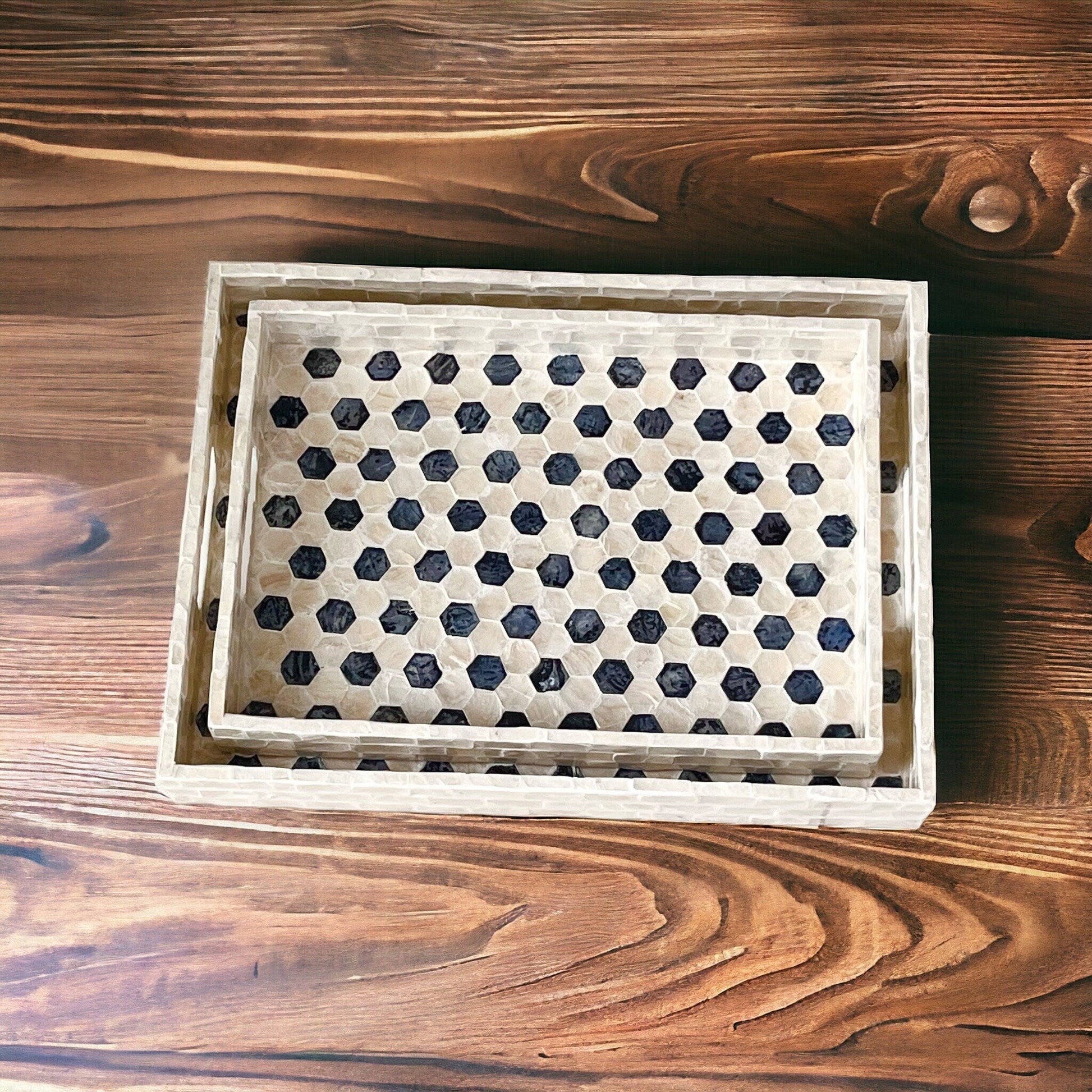Mother pearl inlay rectangle tray with handle, breakfast serving decorative tray, black white hexagon coffee table tray, housewarming giftPremiumWoodArtSmall 35x25x4cm