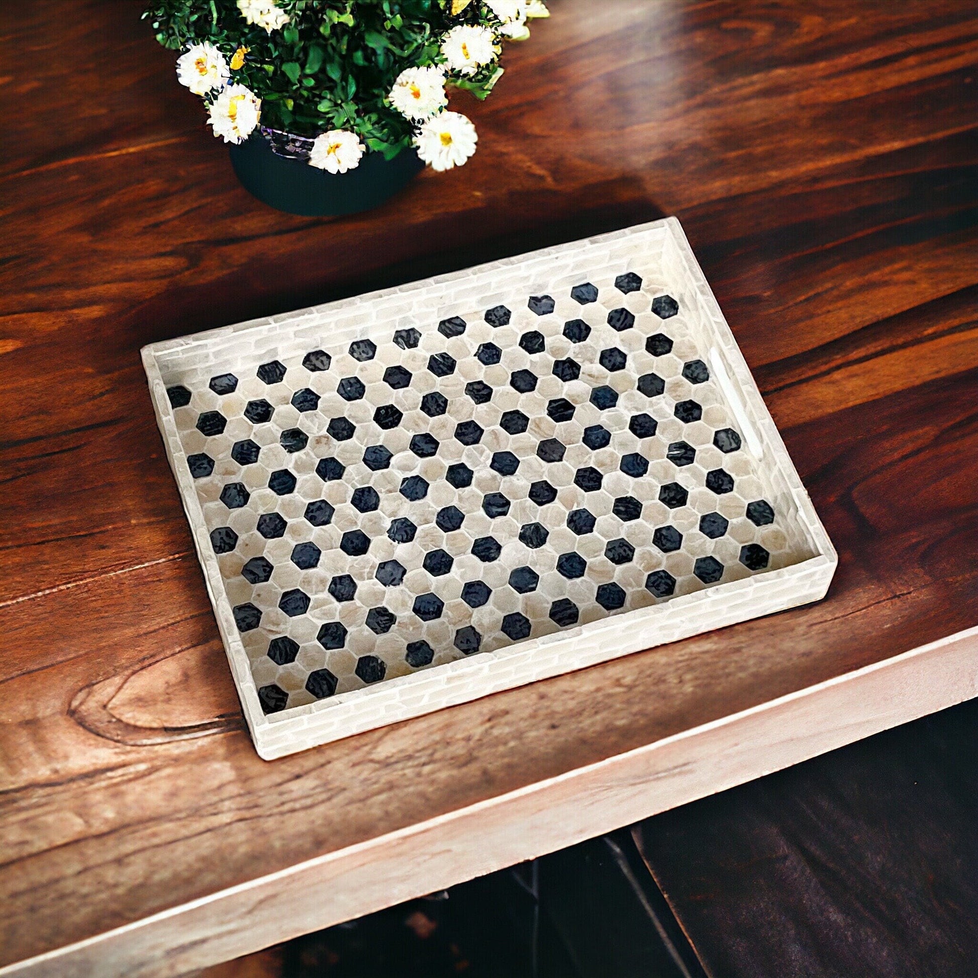 Mother pearl inlay rectangle tray with handle, breakfast serving decorative tray, black white hexagon coffee table tray, housewarming giftPremiumWoodArtSmall 35x25x4cm