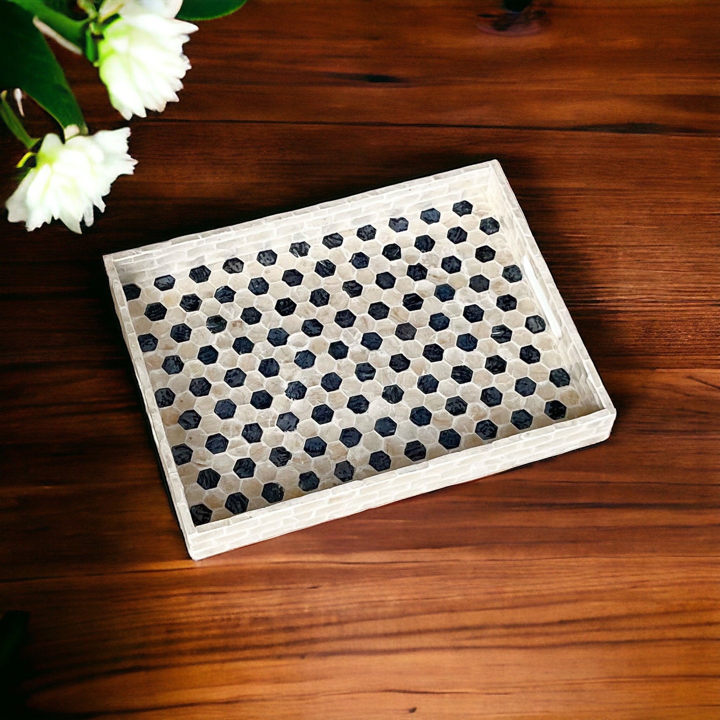 Mother pearl inlay rectangle tray with handle, breakfast serving decorative tray, black white hexagon coffee table tray, housewarming giftPremiumWoodArtSmall 35x25x4cm