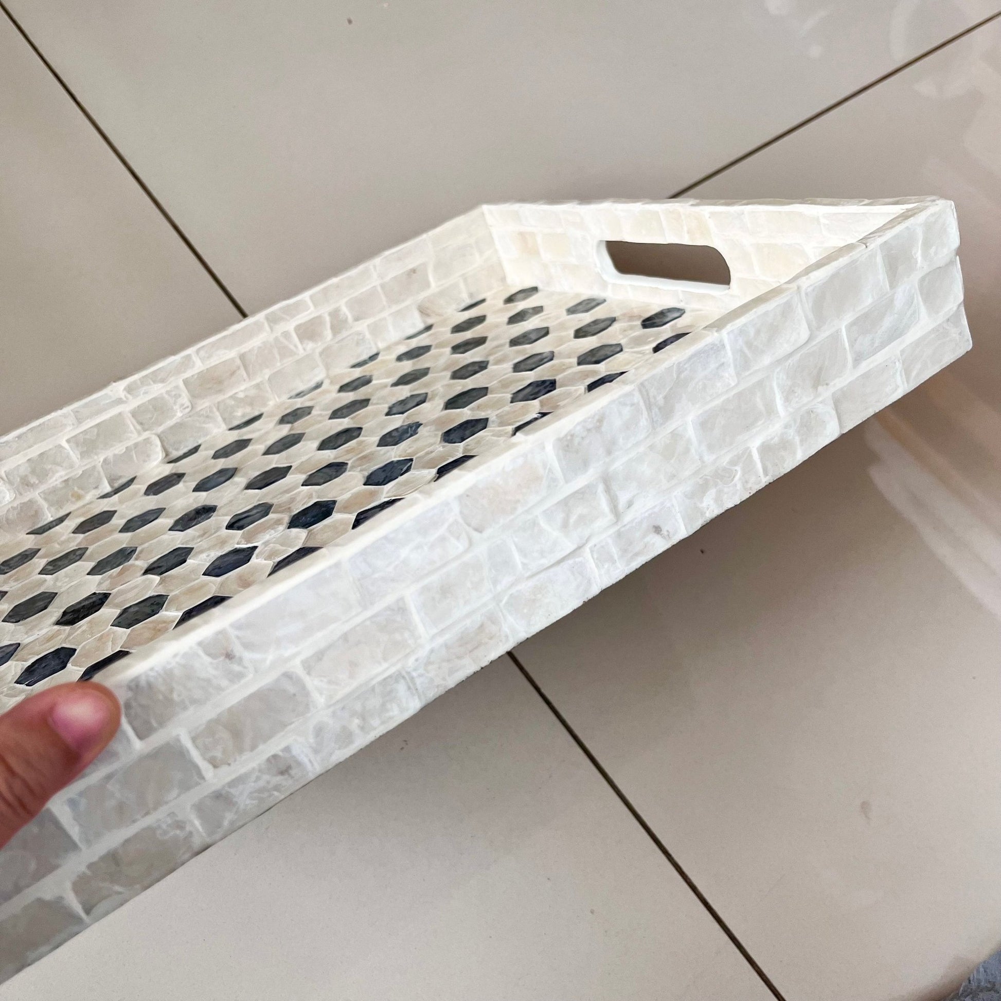 Mother pearl inlay rectangle tray with handle, breakfast serving decorative tray, black white hexagon coffee table tray, housewarming giftPremiumWoodArtSmall 35x25x4cm