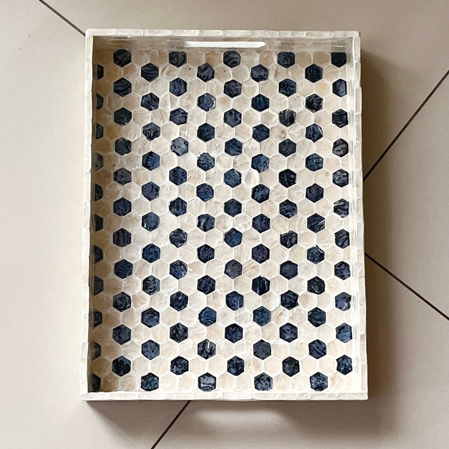 Mother pearl inlay rectangle tray with handle, breakfast serving decorative tray, black white hexagon coffee table tray, housewarming giftPremiumWoodArtSmall 35x25x4cm