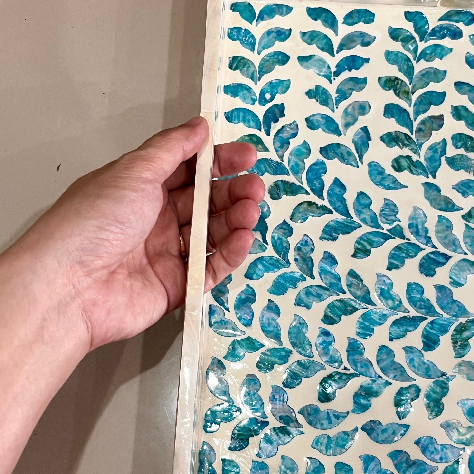 Mother Pearl Rectangular Serving Tray, Decorative tray, Blue leaves patternBBDecorHouseSize S