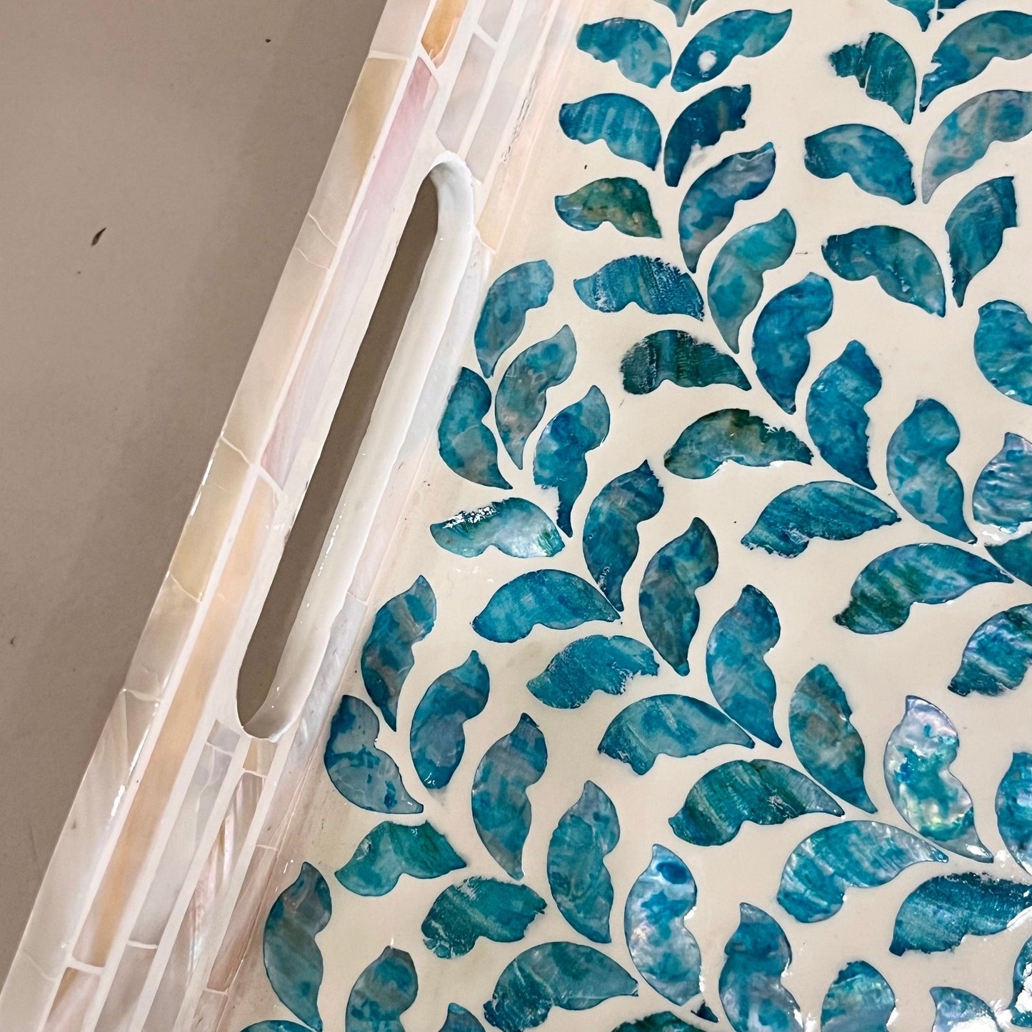 Mother Pearl Rectangular Serving Tray, Decorative tray, Blue leaves patternBBDecorHouseSize S