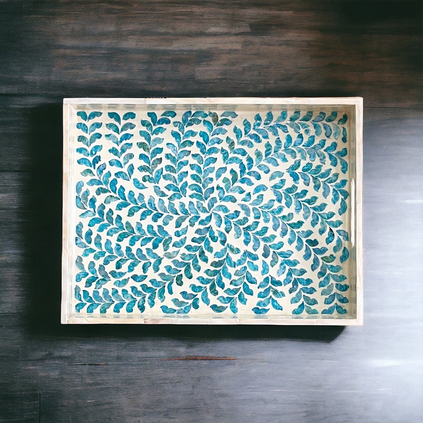 Mother Pearl Rectangular Serving Tray, Decorative tray, Blue leaves patternBBDecorHouseSize S
