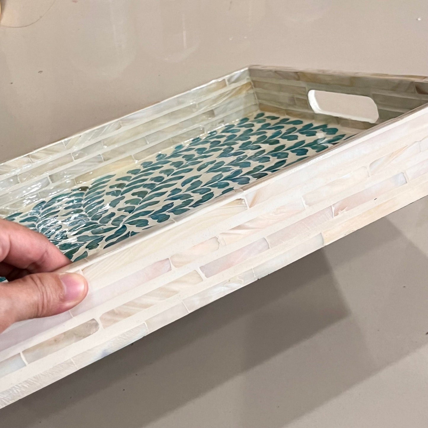 Mother Pearl Rectangular Serving Tray, Decorative tray, Blue leaves patternBBDecorHouseSize S