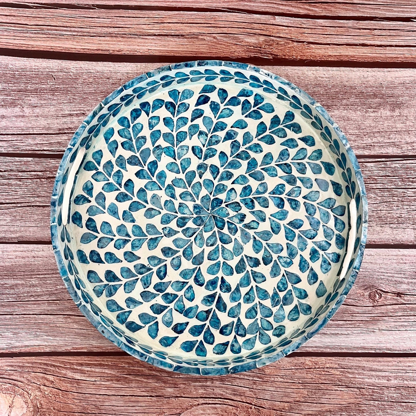 Nacre serving tray, round breakfast tray, mother pearl inlay tray blue floral pattern, coffee table tray, housewarming gift, gift for momPremiumWoodArtMedium D13.8in/35cm