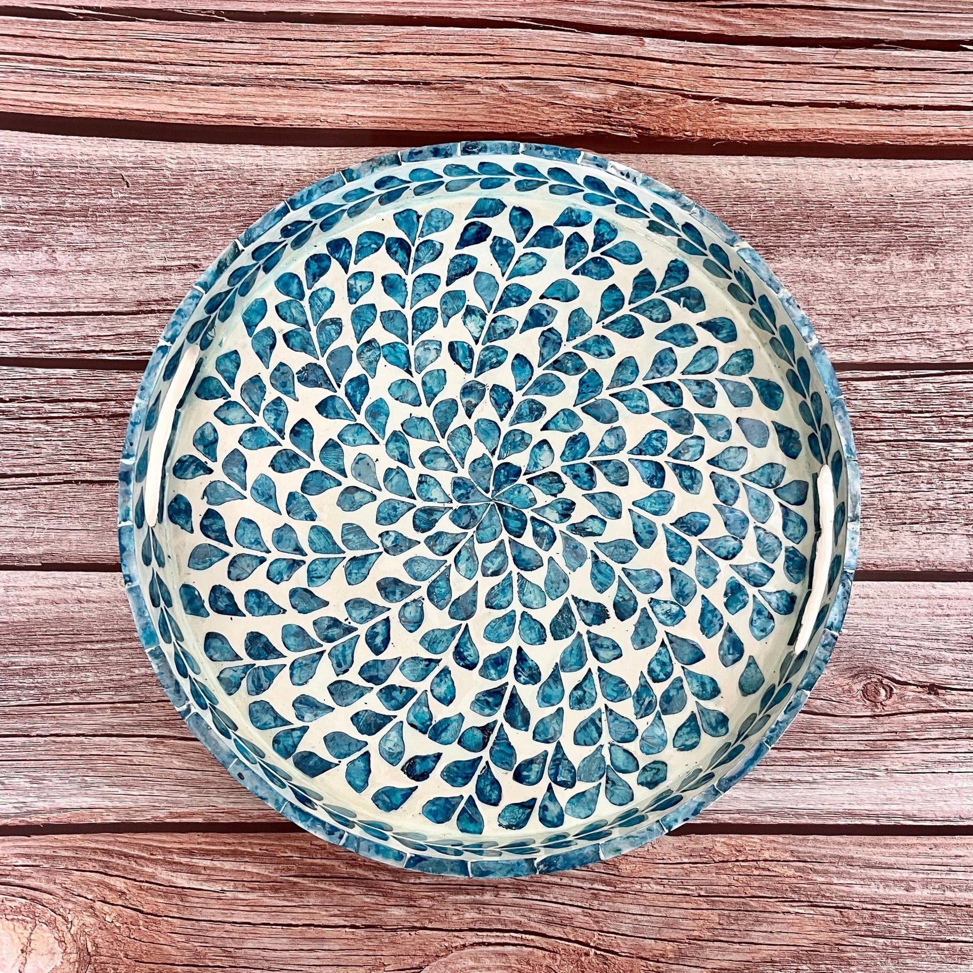 Nacre serving tray, round breakfast tray, mother pearl inlay tray blue floral pattern, coffee table tray, housewarming gift, gift for momPremiumWoodArtMedium D13.8in/35cm