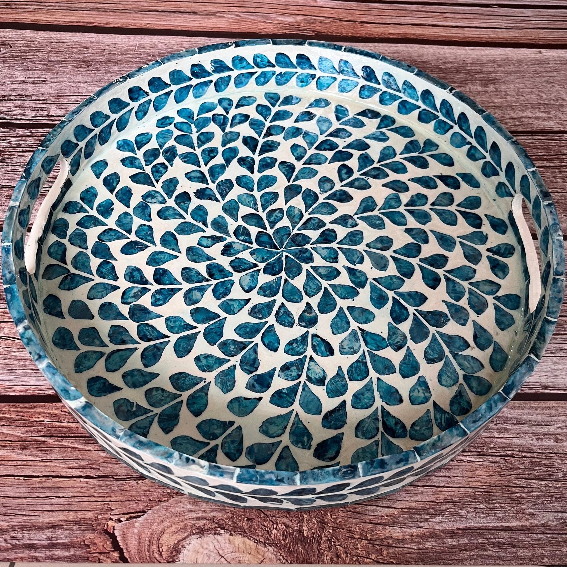 Nacre serving tray, round breakfast tray, mother pearl inlay tray blue floral pattern, coffee table tray, housewarming gift, gift for momPremiumWoodArtMedium D13.8in/35cm