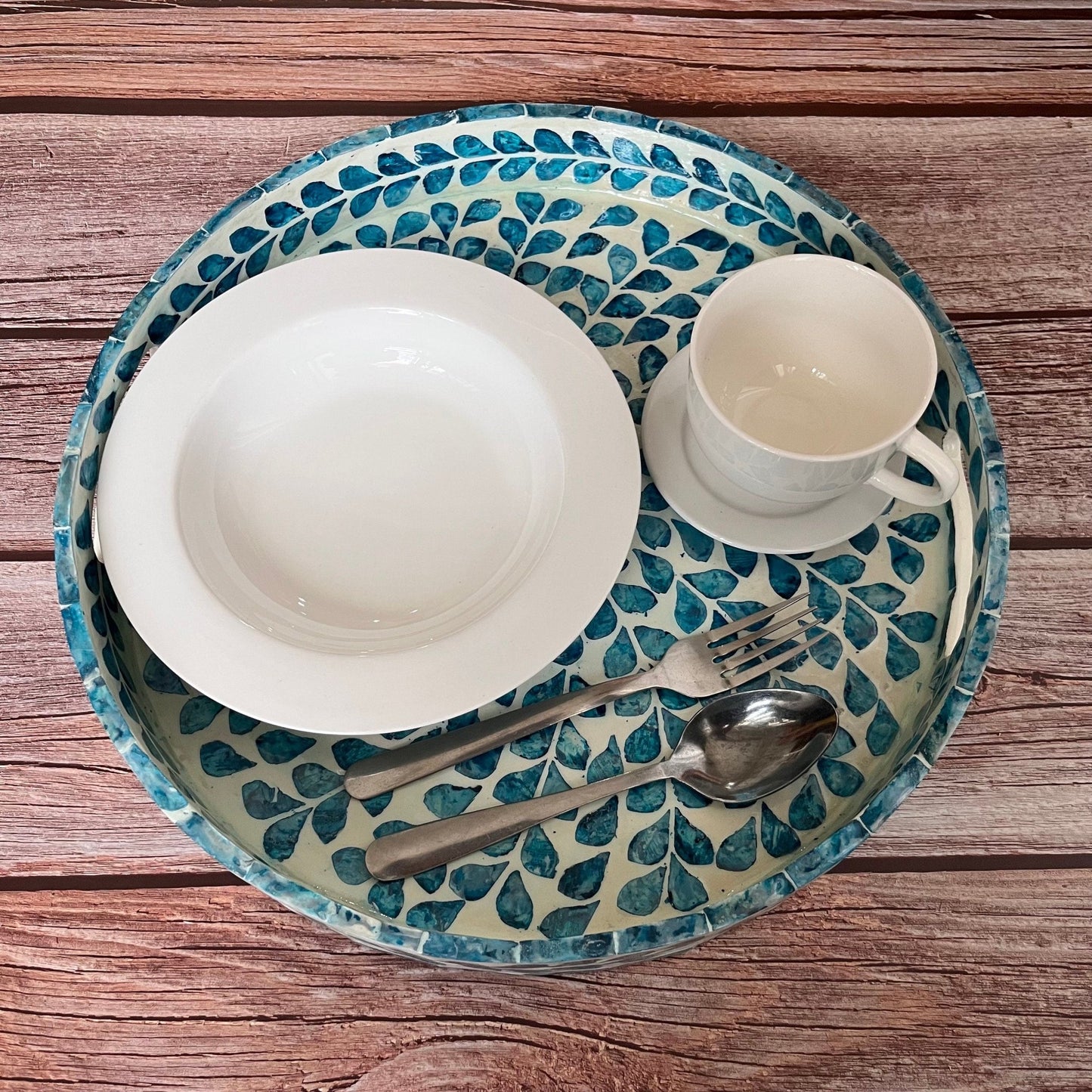Nacre serving tray, round breakfast tray, mother pearl inlay tray blue floral pattern, coffee table tray, housewarming gift, gift for momPremiumWoodArtMedium D13.8in/35cm