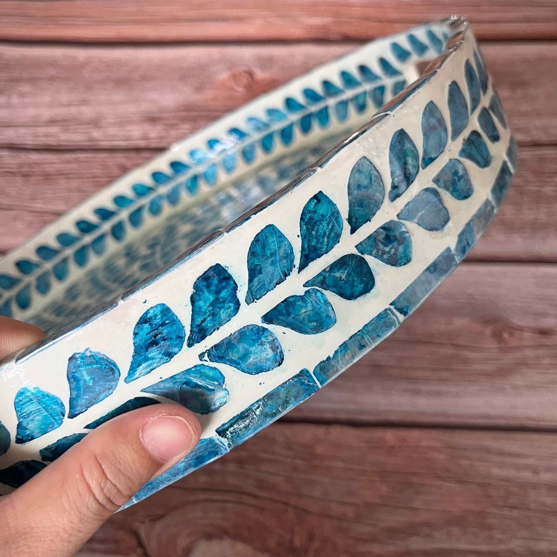 Nacre serving tray, round breakfast tray, mother pearl inlay tray blue floral pattern, coffee table tray, housewarming gift, gift for momPremiumWoodArtMedium D13.8in/35cm