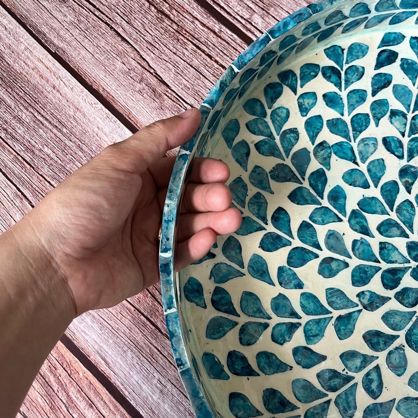 Nacre serving tray, round breakfast tray, mother pearl inlay tray blue floral pattern, coffee table tray, housewarming gift, gift for momPremiumWoodArtMedium D13.8in/35cm