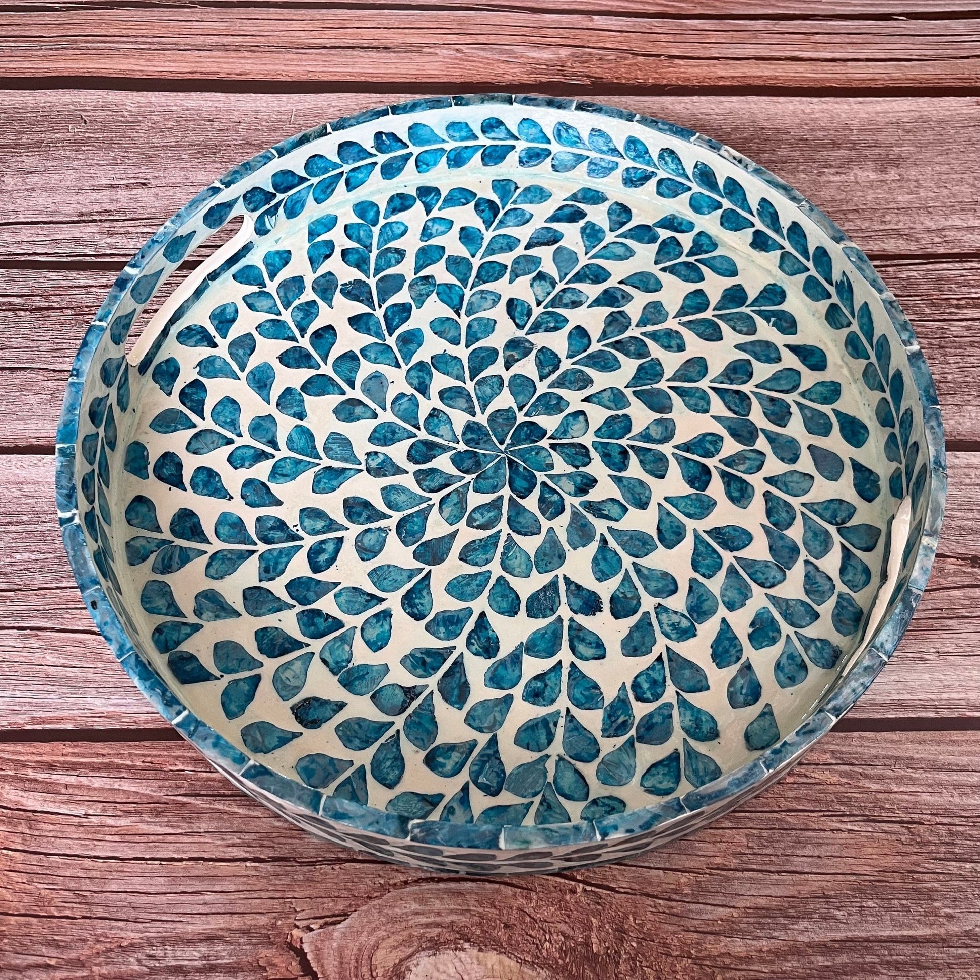 Nacre serving tray, round breakfast tray, mother pearl inlay tray blue floral pattern, coffee table tray, housewarming gift, gift for momPremiumWoodArtMedium D13.8in/35cm