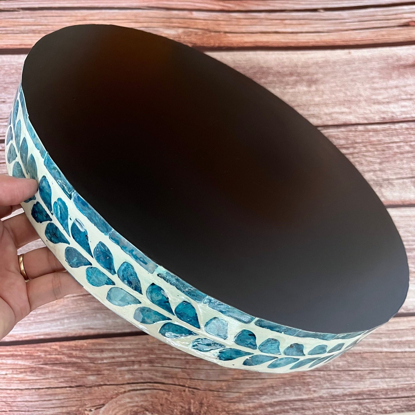 Nacre serving tray, round breakfast tray, mother pearl inlay tray blue floral pattern, coffee table tray, housewarming gift, gift for momPremiumWoodArtMedium D13.8in/35cm