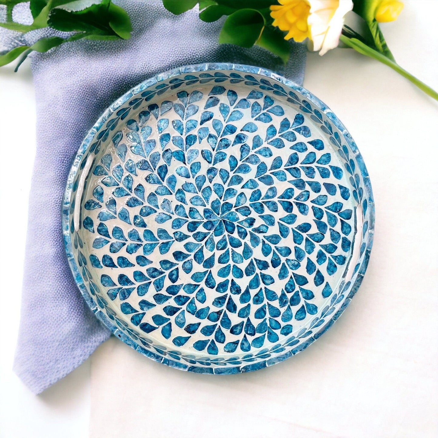 Nacre serving tray, round breakfast tray, mother pearl inlay tray blue floral pattern, coffee table tray, housewarming gift, gift for momPremiumWoodArtMedium D13.8in/35cm