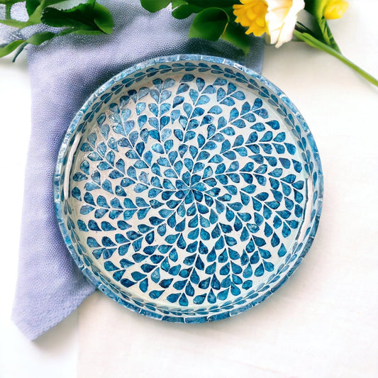 Nacre serving tray, round breakfast tray, mother pearl inlay tray blue floral pattern, coffee table tray, housewarming gift, gift for momPremiumWoodArtMedium D13.8in/35cm