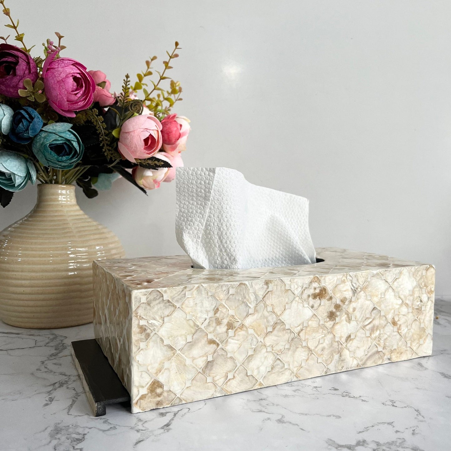 Rectangle tissue box holder with mother of pearl inlay in light gold colorPremiumWoodArt