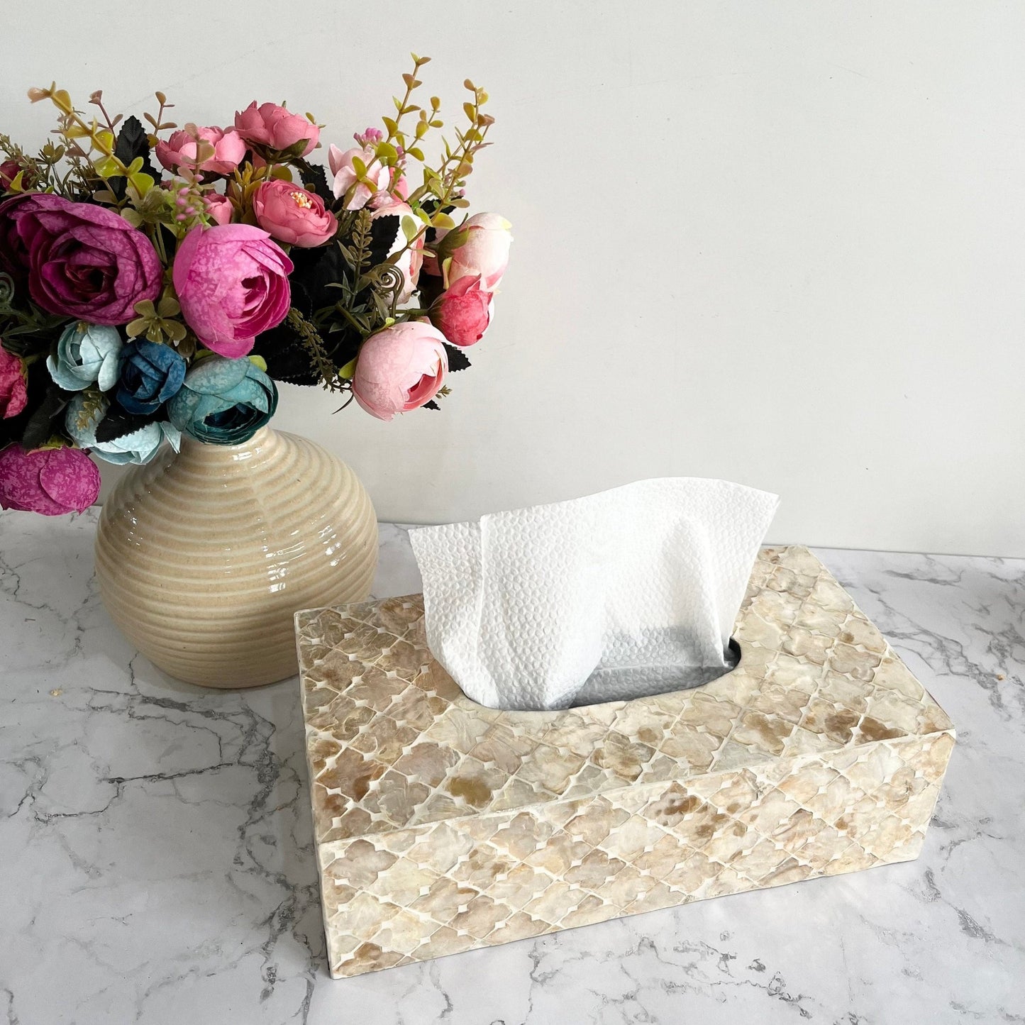 Rectangle tissue box holder with mother of pearl inlay in light gold colorPremiumWoodArt