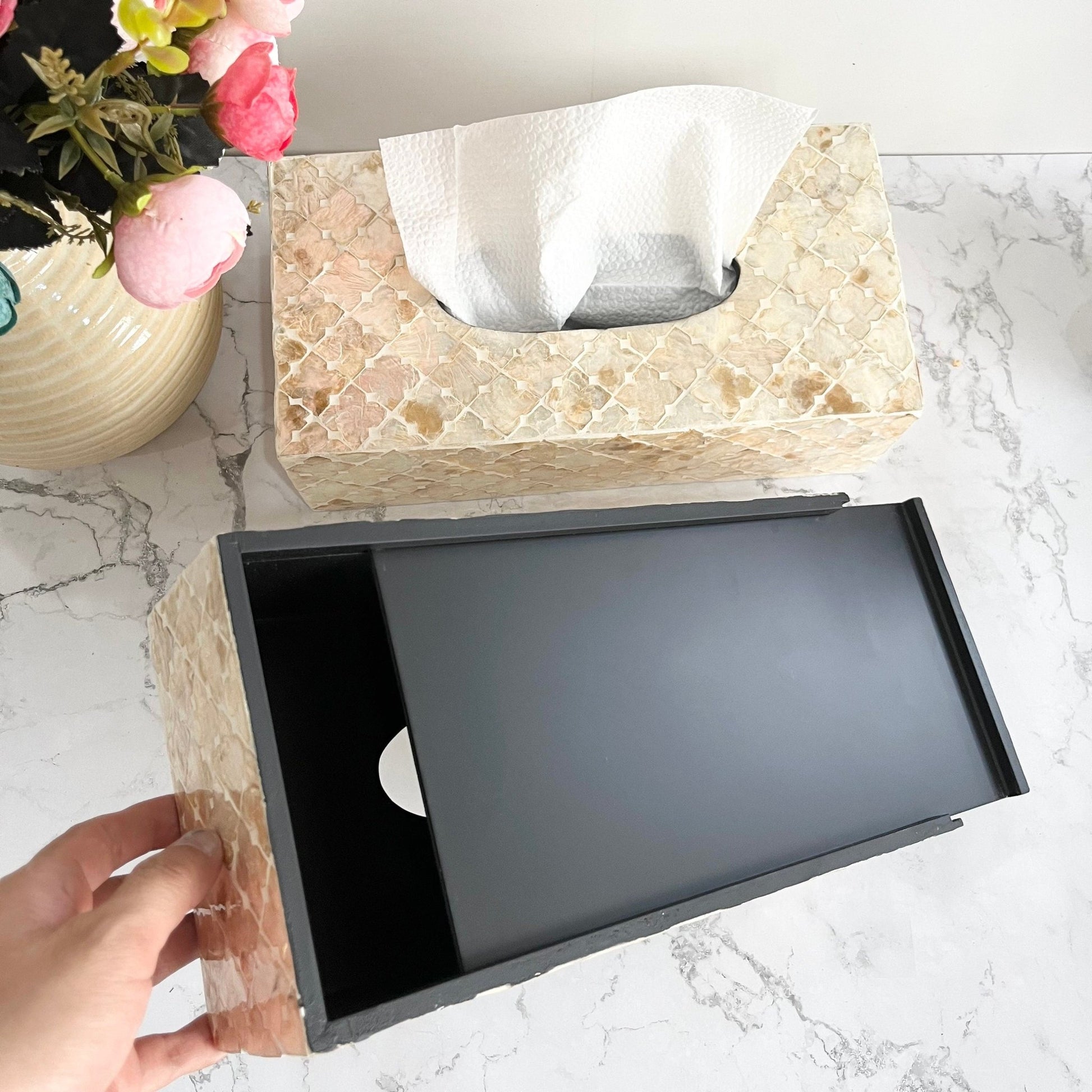 Rectangle tissue box holder with mother of pearl inlay in light gold colorPremiumWoodArt