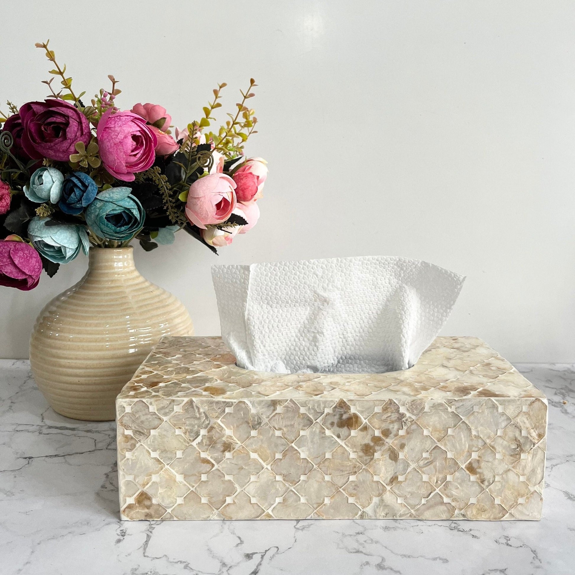 Rectangle tissue box holder with mother of pearl inlay in light gold colorPremiumWoodArt