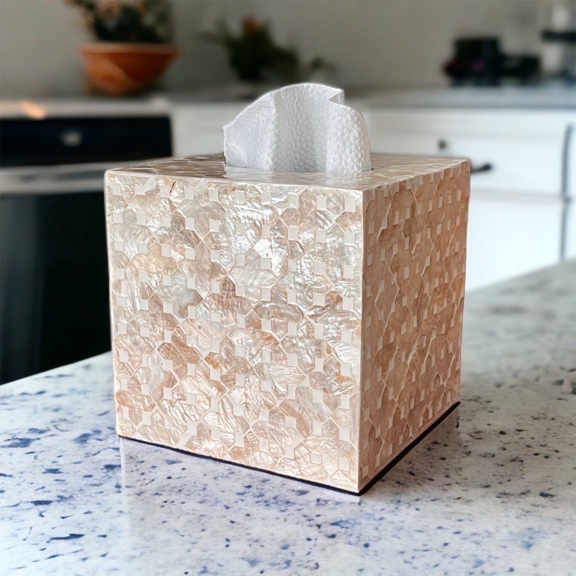 Square tissue box holder with mother of pearl inlay in light gold colorPremiumWoodArt
