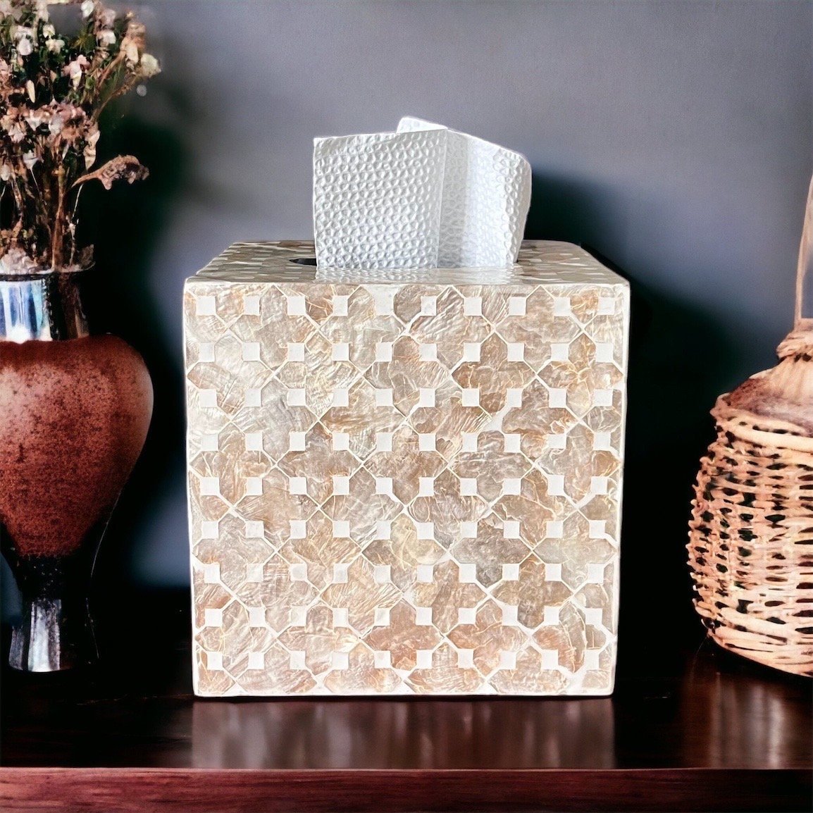 Square tissue box holder with mother of pearl inlay in light gold colorPremiumWoodArt
