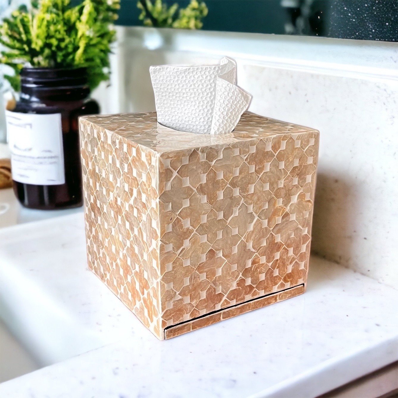 Square tissue box holder with mother of pearl inlay in light gold colorPremiumWoodArt