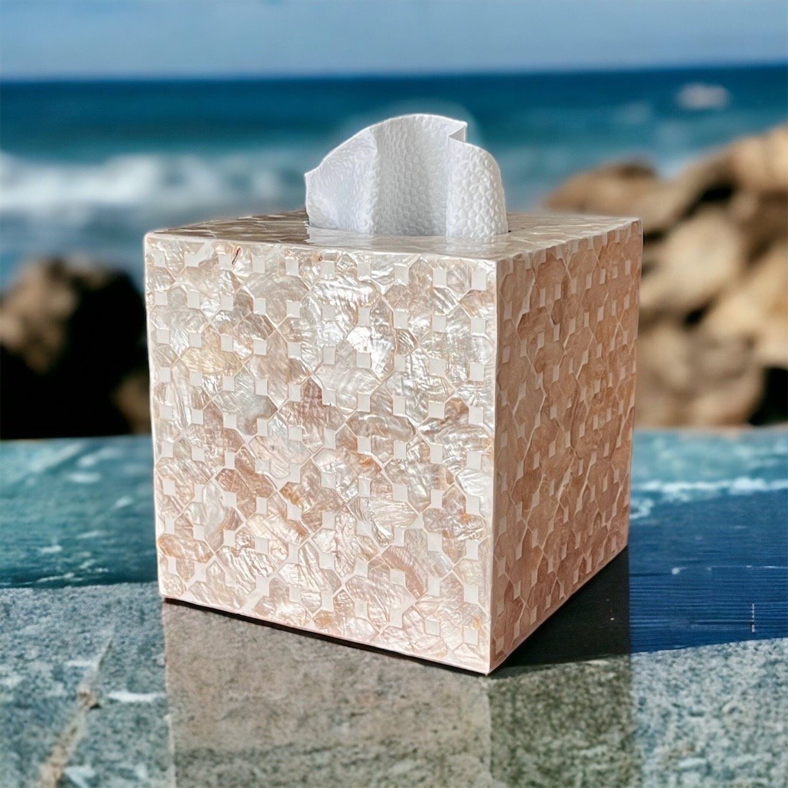 Square tissue box holder with mother of pearl inlay in light gold colorPremiumWoodArt