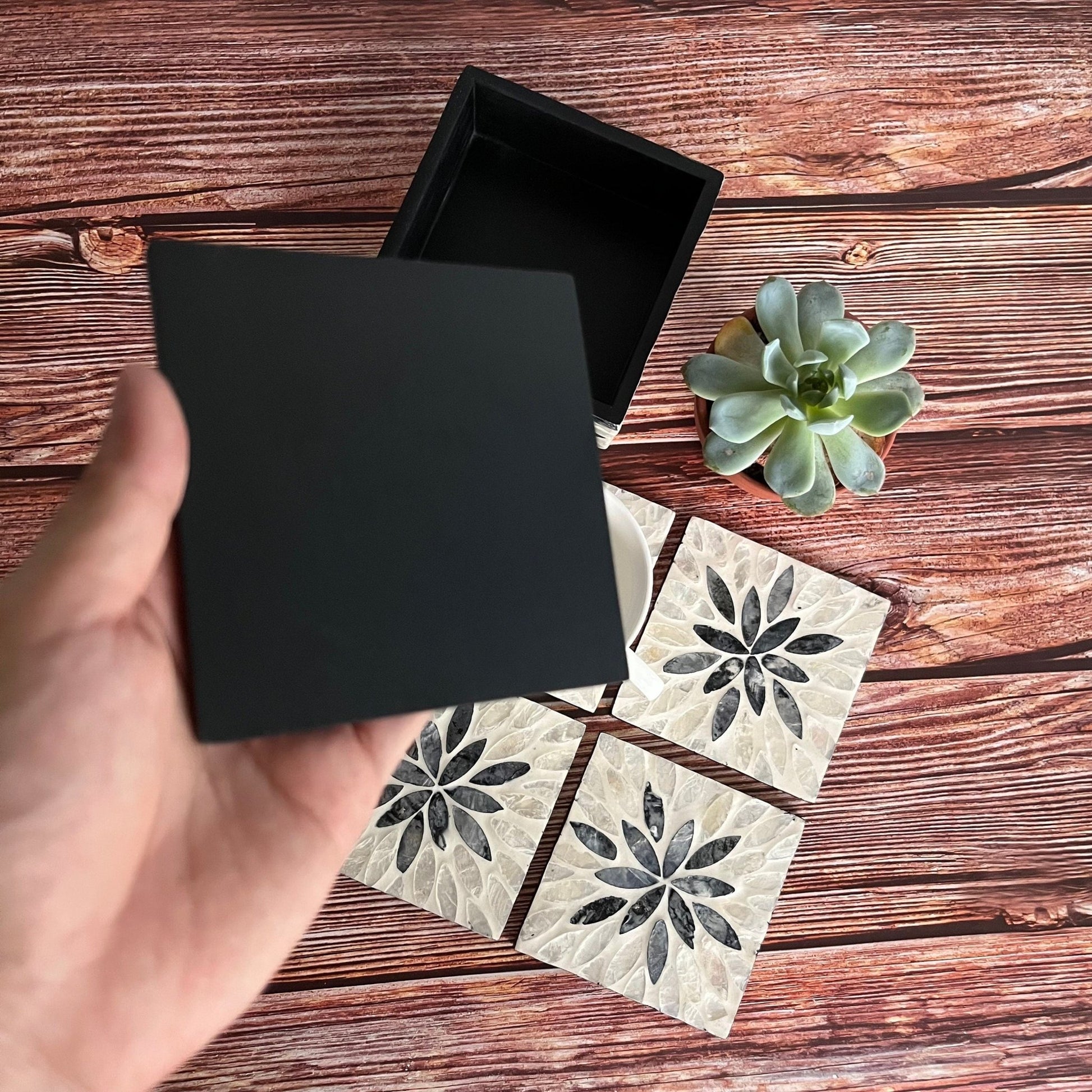 Stunning Mother of Pearl Inlay Square Coasters Set with Holder and 6 CoastersPremiumWoodArt