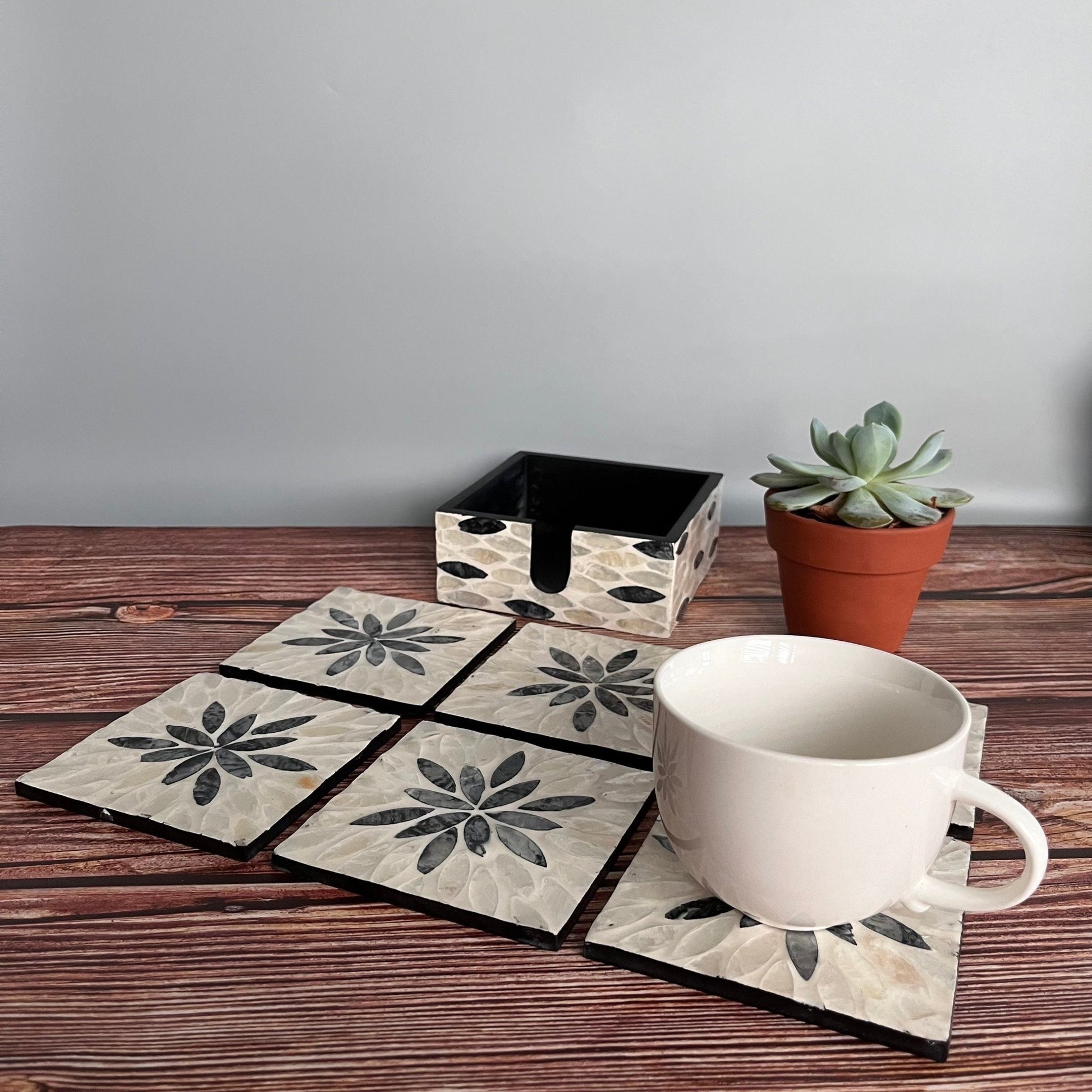 Stunning Mother of Pearl Inlay Square Coasters Set with Holder and 6 CoastersPremiumWoodArt