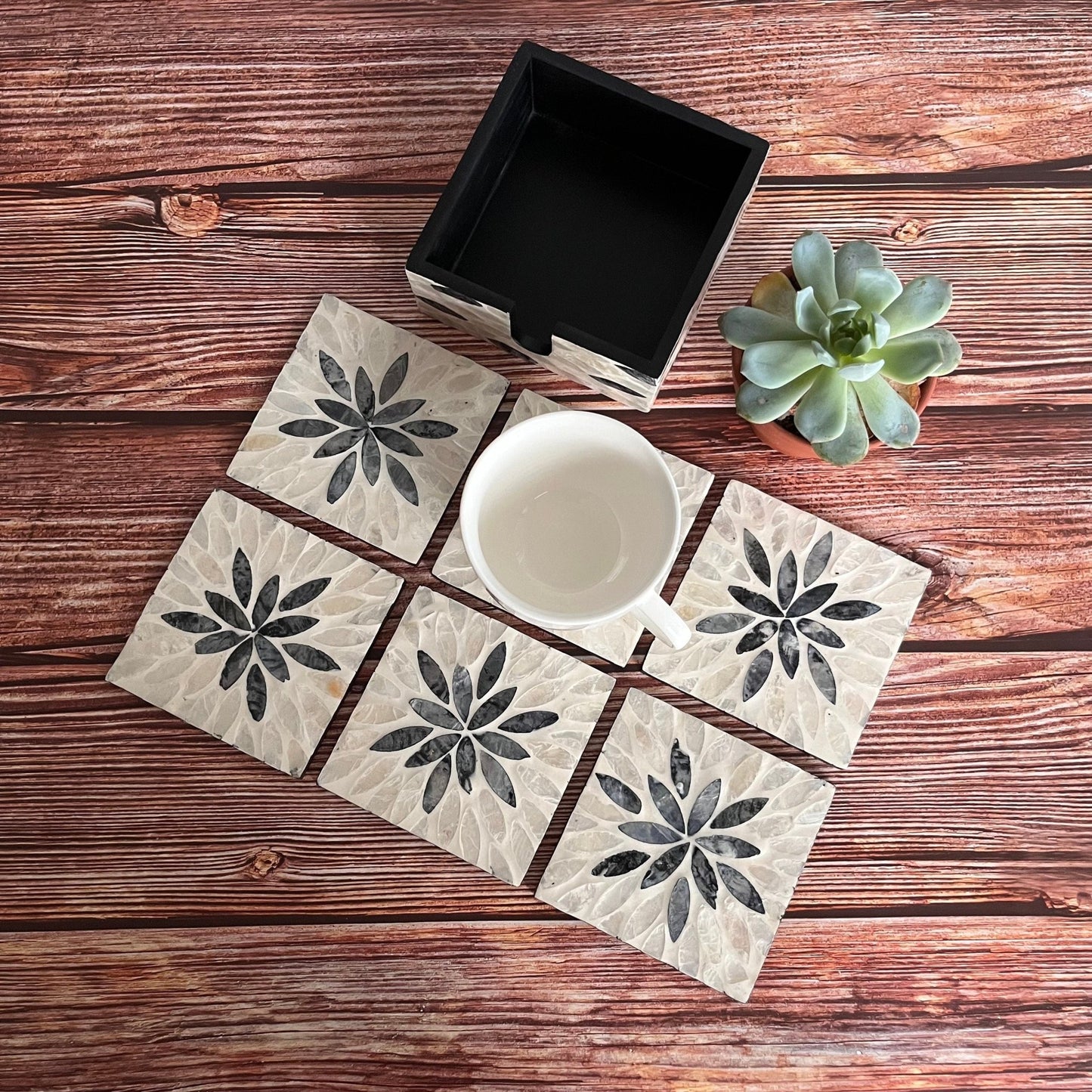Stunning Mother of Pearl Inlay Square Coasters Set with Holder and 6 CoastersPremiumWoodArt