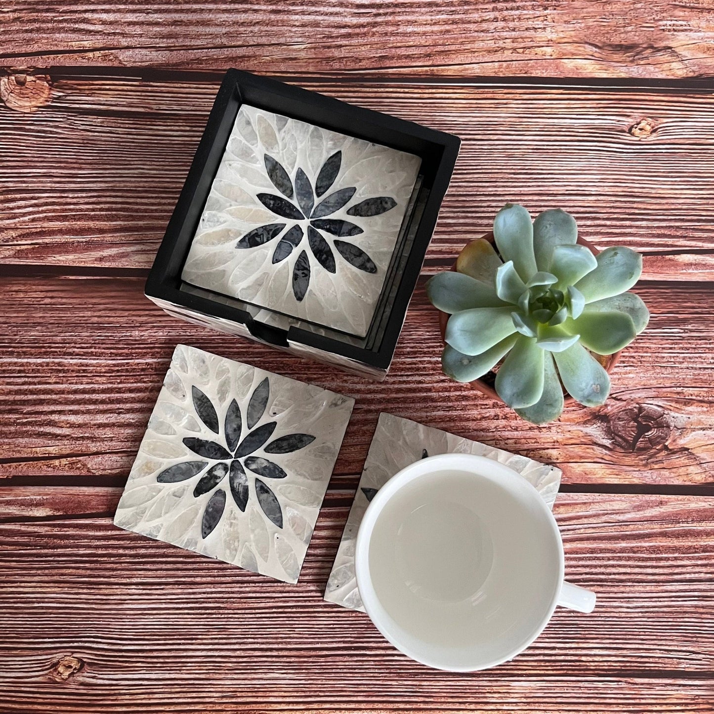 Stunning Mother of Pearl Inlay Square Coasters Set with Holder and 6 CoastersPremiumWoodArt