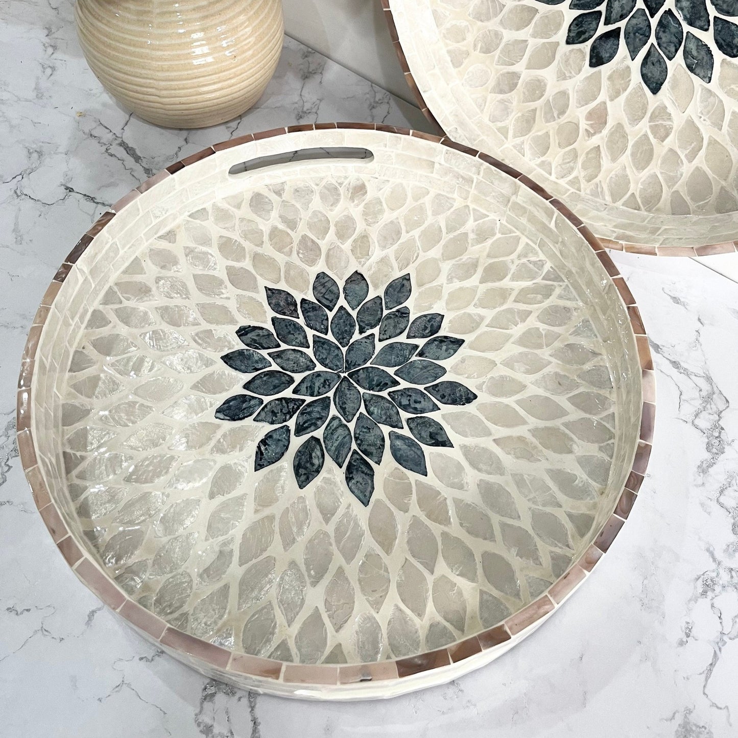 White mother of pearl inlay round tray with black floral patternPremiumWoodArt