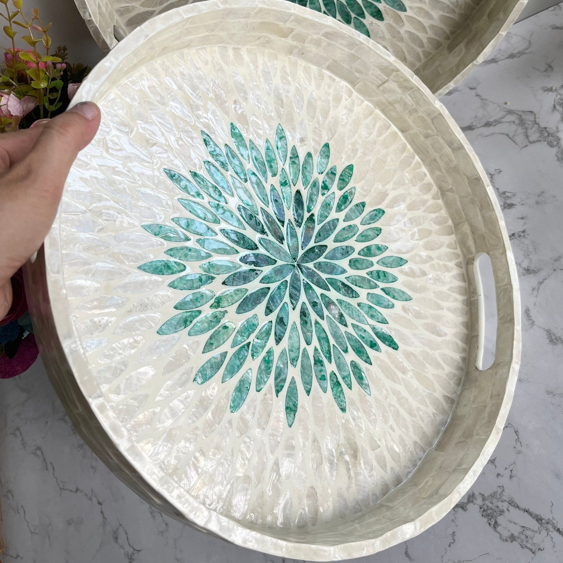 White Mother of pearl inlay round tray with green floral patternPremiumWoodArt
