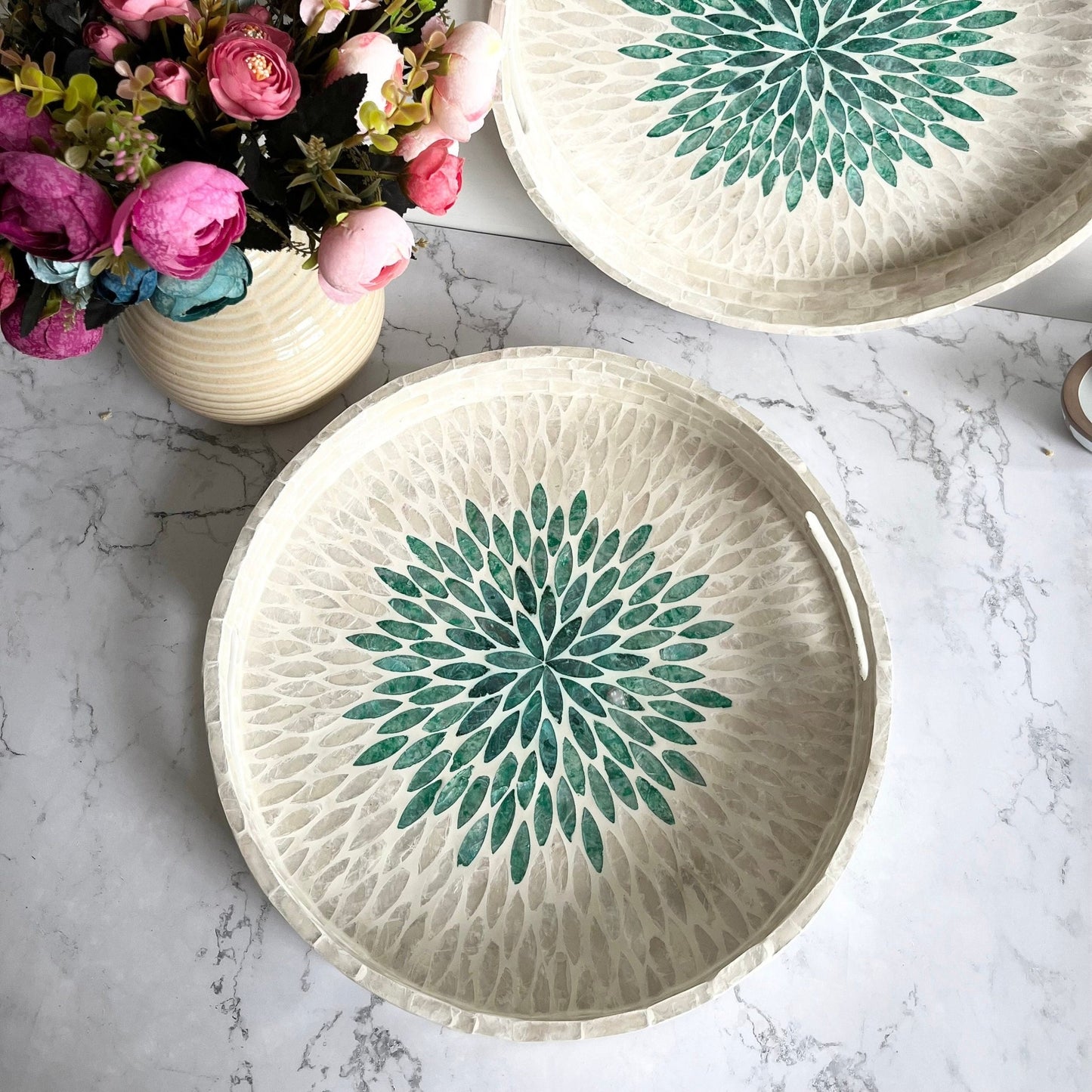 White Mother of pearl inlay round tray with green floral patternPremiumWoodArt