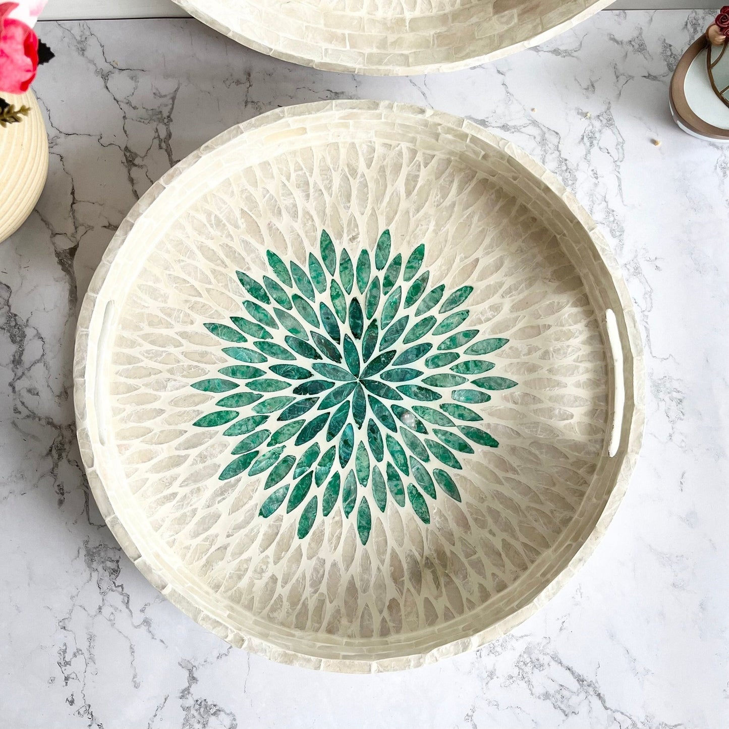 White Mother of pearl inlay round tray with green floral patternPremiumWoodArt