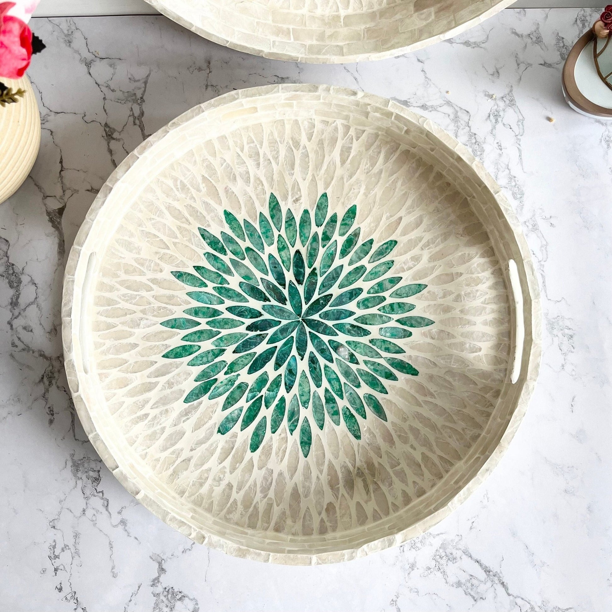 White Mother of pearl inlay round tray with green floral patternPremiumWoodArt