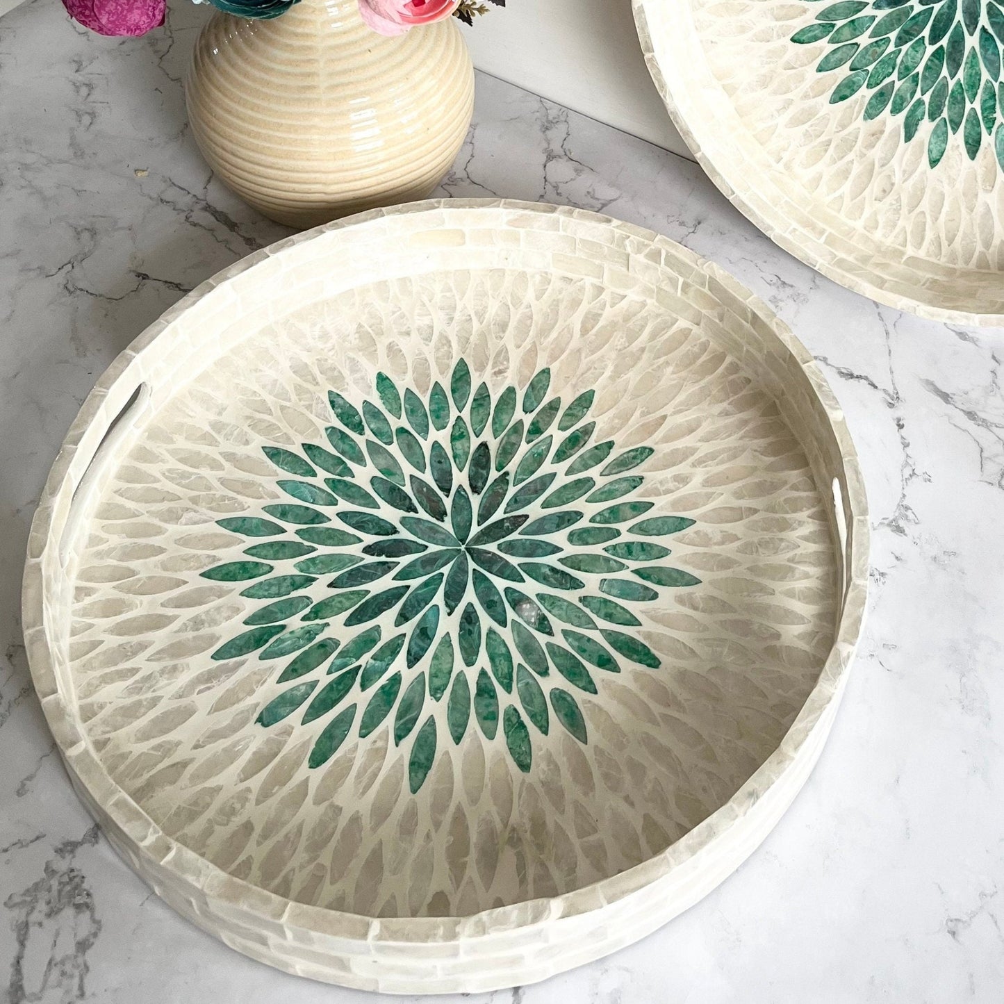 White Mother of pearl inlay round tray with green floral patternPremiumWoodArt