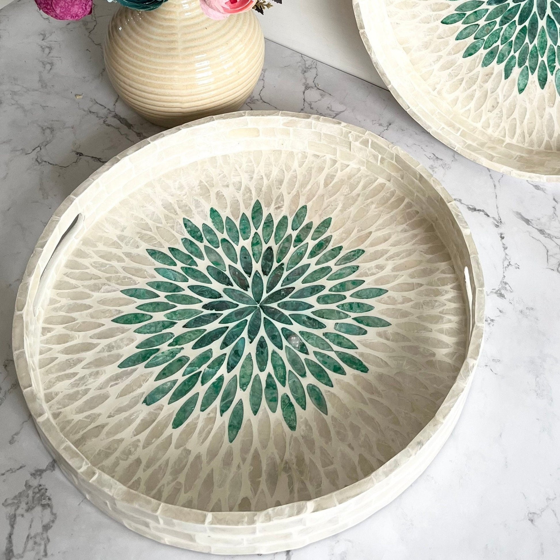 White Mother of pearl inlay round tray with green floral patternPremiumWoodArt