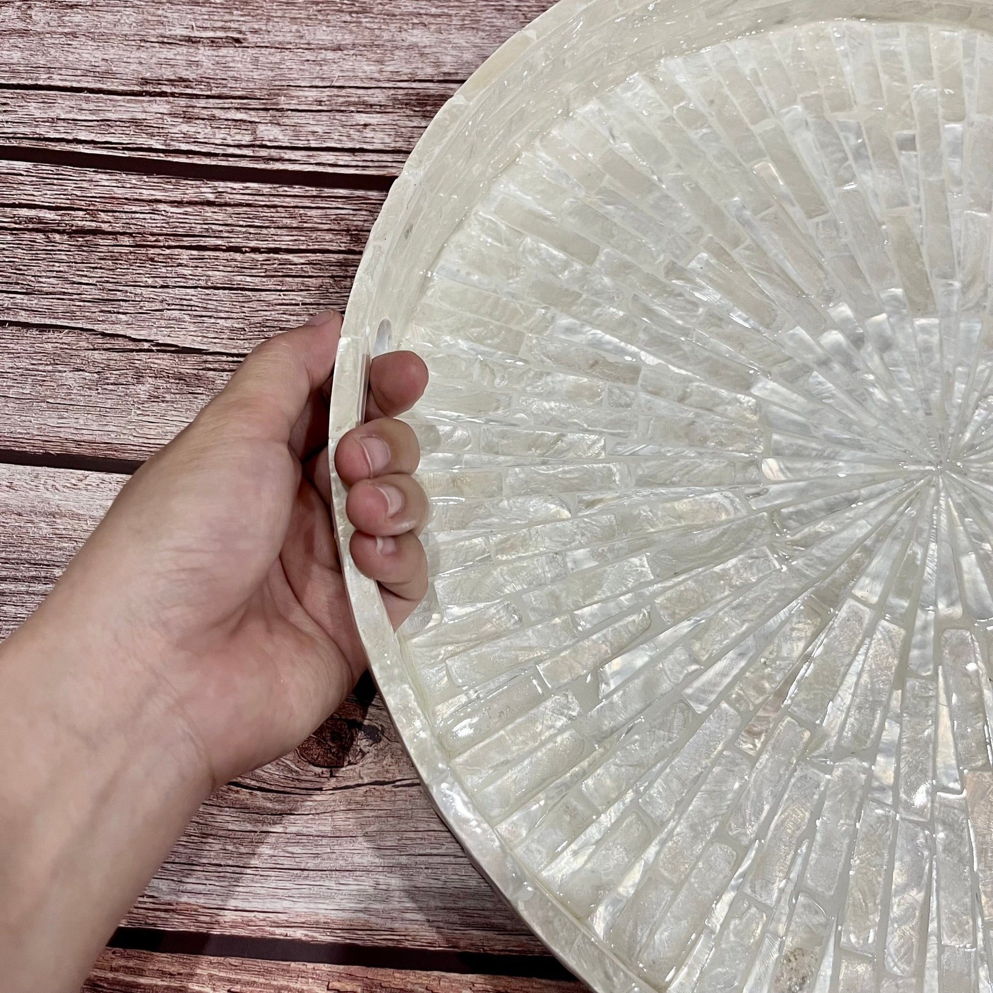 White serving tray, round breakfast tray, mother pearl inlay tray, MOP luxury coffee table tray, capiz shell housewarming gift, gift for momPremiumWoodArt