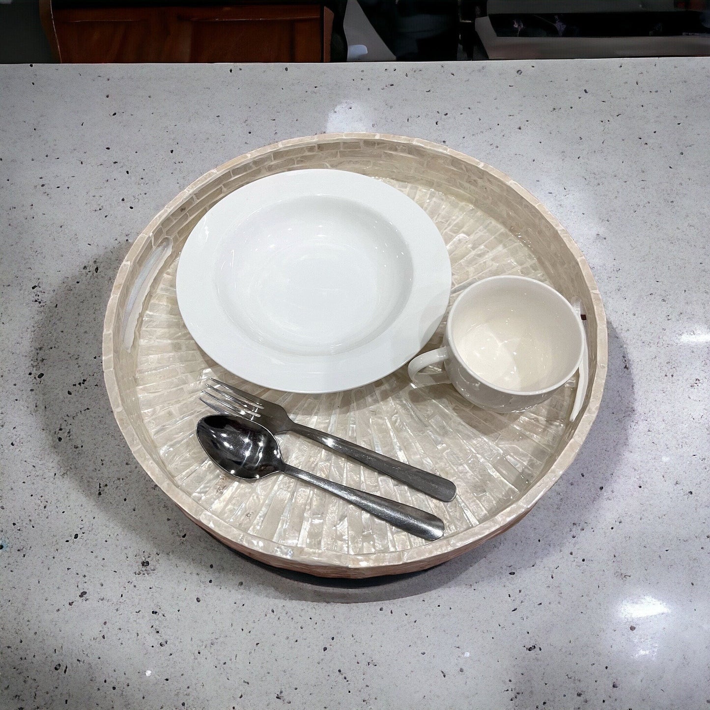 White serving tray, round breakfast tray, mother pearl inlay tray, MOP luxury coffee table tray, capiz shell housewarming gift, gift for momPremiumWoodArt