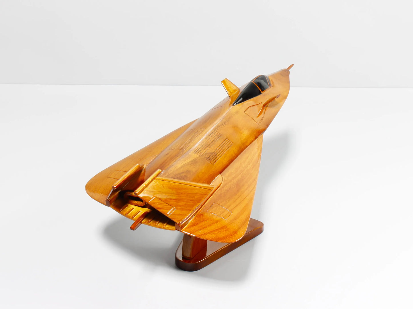 Back-left view of F-19 stealth wood aircraft with twin engine details 