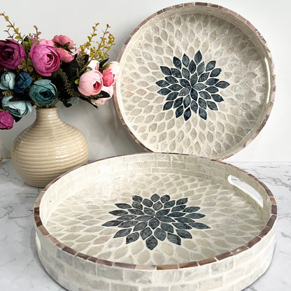 White mother of pearl inlay round tray with black floral pattern