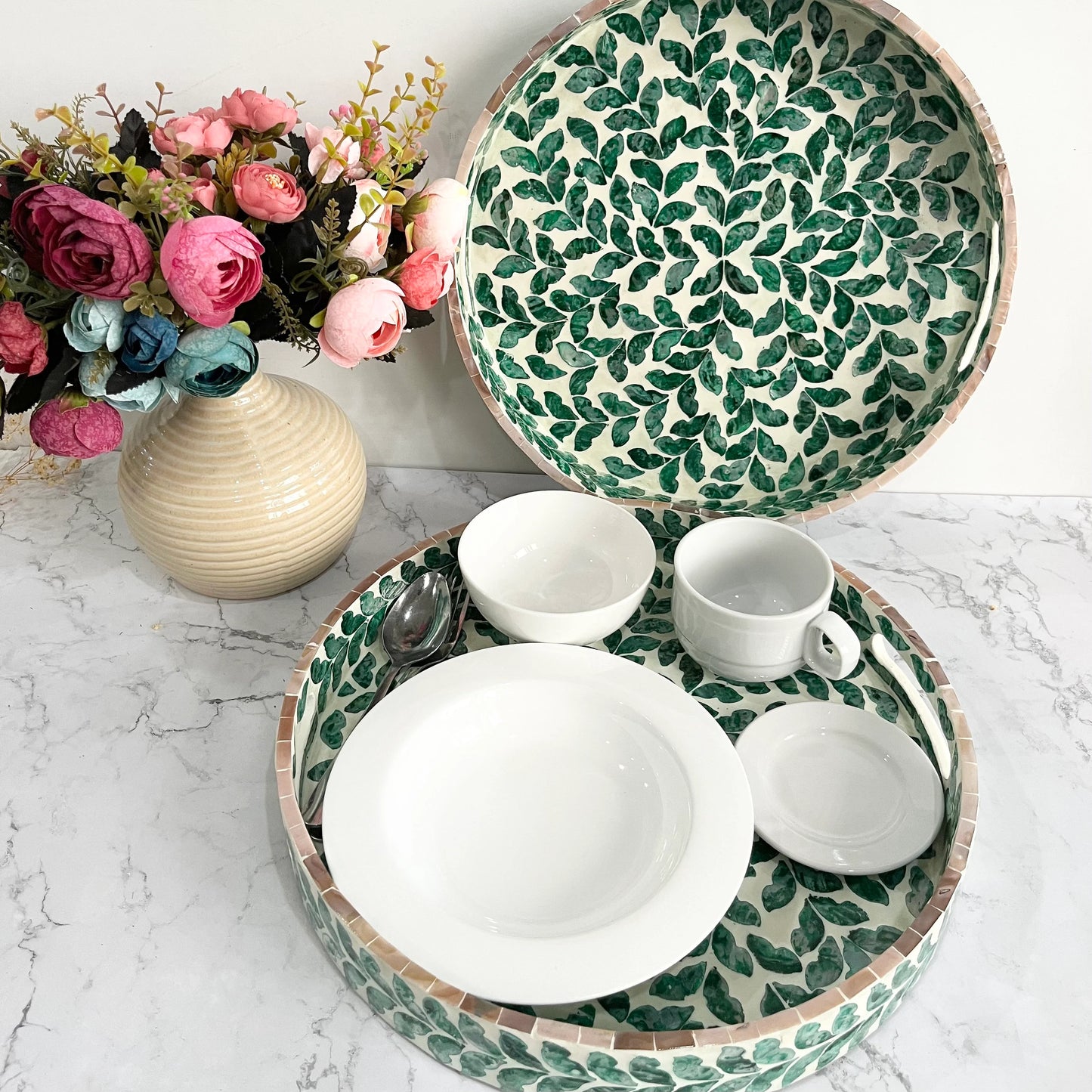Green Leaves Capiz Shell Round Serving Tray