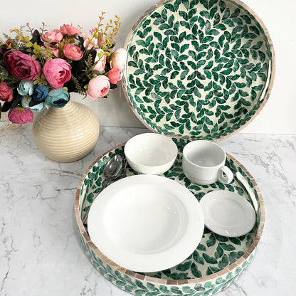 Green Leaves Capiz Shell Round Serving Tray